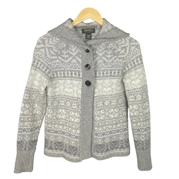 Eddie Bauer Long Sleeve Hooded Cardigan Sweater Snowflake Grey White Size Medium